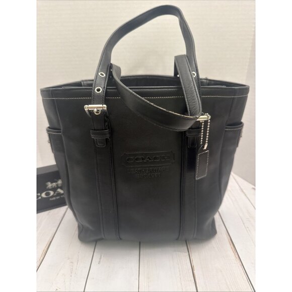 Vintage Coach Black Hampton Leather Tote Bag D05Q-8E92 12x10x4” VGUC* - Picture 1 of 9